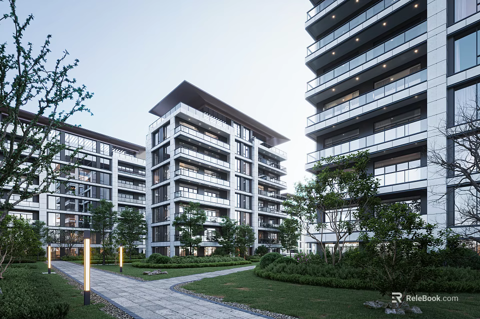 Modern Residential Building Exterior Design With Landscaped Lawn Pathway And Streetlights 3d model 