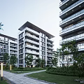 Modern Residential Building Exterior Design With Landscaped Lawn Pathway And Streetlights