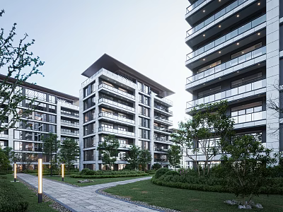 Modern Residential Building Exterior Design With Landscaped Lawn Pathway And Streetlights 3d model