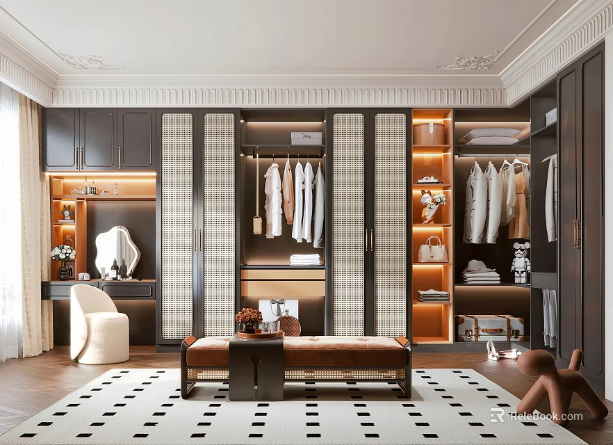 Luxury Walk In Closet With Stylish Cabinetry And Lighting 3d model 