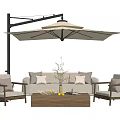 Stylish Outdoor Sofa With Wooden Chairs And Coffee Table Under Cantilever Umbrella For Patio Relaxation