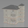 Classic Two Story Residential Building With Blue Roof Beige Exterior Balcony And Arched Porch
