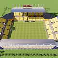 Modern Football Stadium Featuring Yellow Blue Seats Covered Stands And Green Grass Pitch