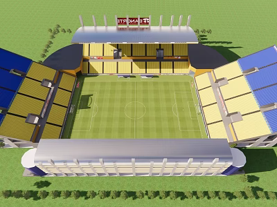 Modern Football Stadium Featuring Yellow Blue Seats Covered Stands And Green Grass Pitch 3d model