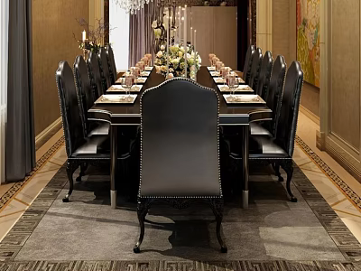 Luxurious Dining Table Set with Long Table Black Chairs and Flower Arrangement in Elegant Room 3d model