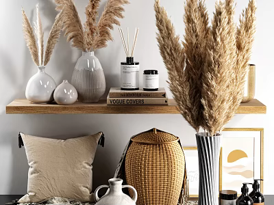 Elegant Home Decor Ornament Collection With Pampas Grass Vases Scented Diffusers Books And Wicker Basket 3d model