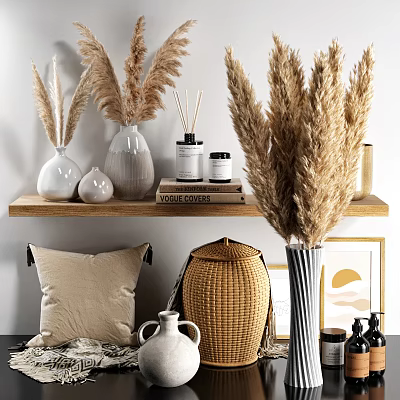 Elegant Home Decor Ornament Collection With Pampas Grass Vases Scented Diffusers Books And Wicker Basket 3d model