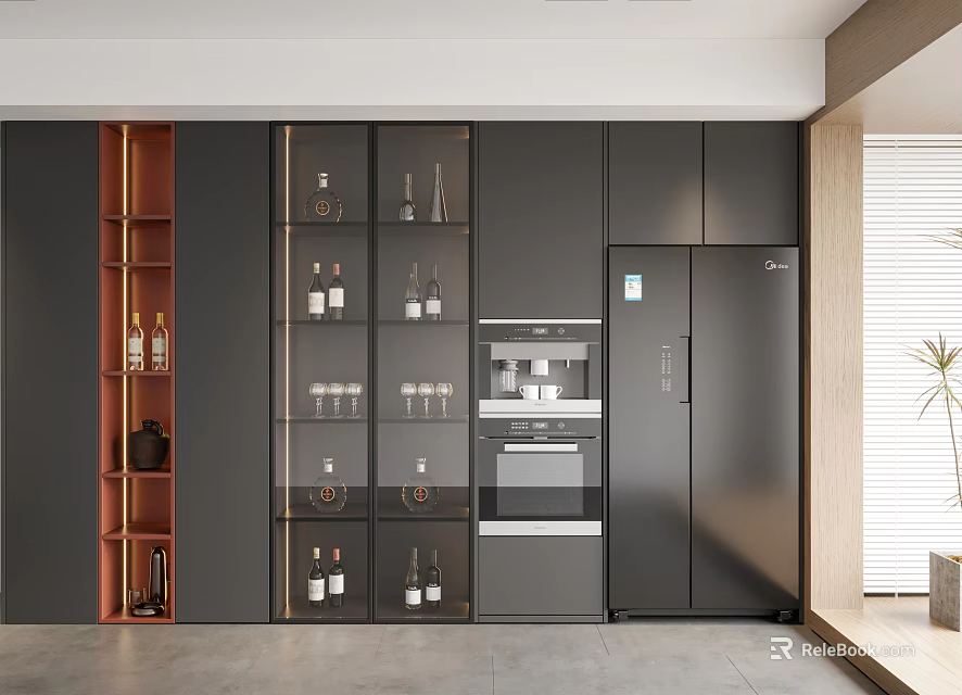 Modern Wine Cabinet In Open Kitchen With Glass Doors Wine Bottles And Appliances 3d model 