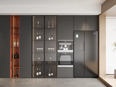 Modern Wine Cabinet In Open Kitchen With Glass Doors Wine Bottles And Appliances 3d model
