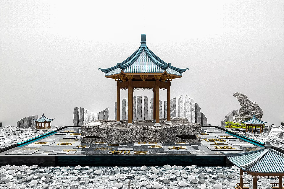 Traditional Chinese Garden Ornaments with Pagoda Style Pavilion Stone Layout and Reflecting Pond 3d model 