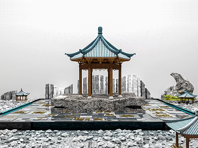 Traditional Chinese Garden Ornaments with Pagoda Style Pavilion Stone Layout and Reflecting Pond 3d model