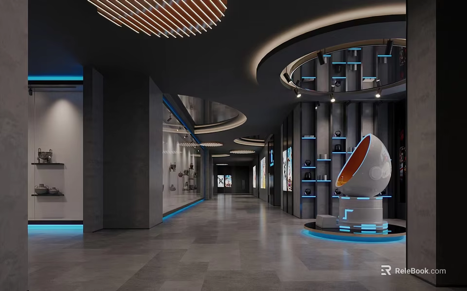 Modern Elevator Hallway With Curved Ceiling Wooden Slats Blue Lighting And Egg Shaped Sculpture 3d model 