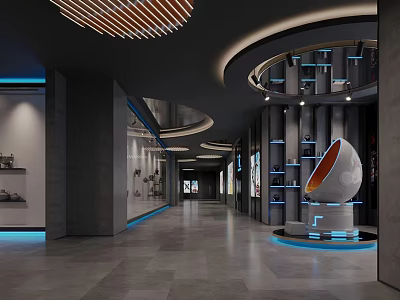 Modern Elevator Hallway With Curved Ceiling Wooden Slats Blue Lighting And Egg Shaped Sculpture 3d model