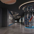 Modern Elevator Hallway With Curved Ceiling Wooden Slats Blue Lighting And Egg Shaped Sculpture
