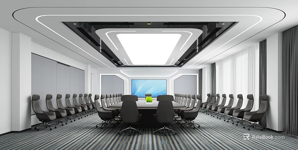 Modern Conference Room Interior With Long Table Ergonomic Chairs Large Screen And Striped Carpet 3d model 