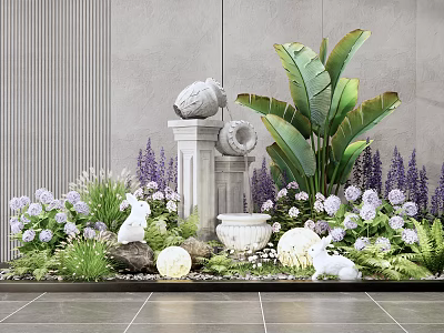 Garden Ornament With Stone Sculptures Fountain Large Leaf Plants Purple Flowers And White Rabbit Statues 3d model