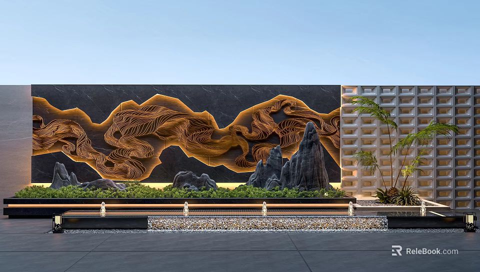 Garden Landscape With Black Stone Wall Golden Wave Carvings Rock Arrangements Green Plants And Lighting 3d model 