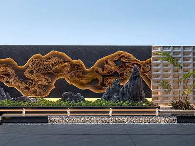 Garden Landscape With Black Stone Wall Golden Wave Carvings Rock Arrangements Green Plants And Lighting 3d model