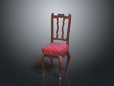 Classic Wooden Single Chair With Carved Back Red Patterned Seat And Curved Legs 3d model