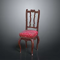 Classic Wooden Single Chair With Carved Back Red Patterned Seat And Curved Legs