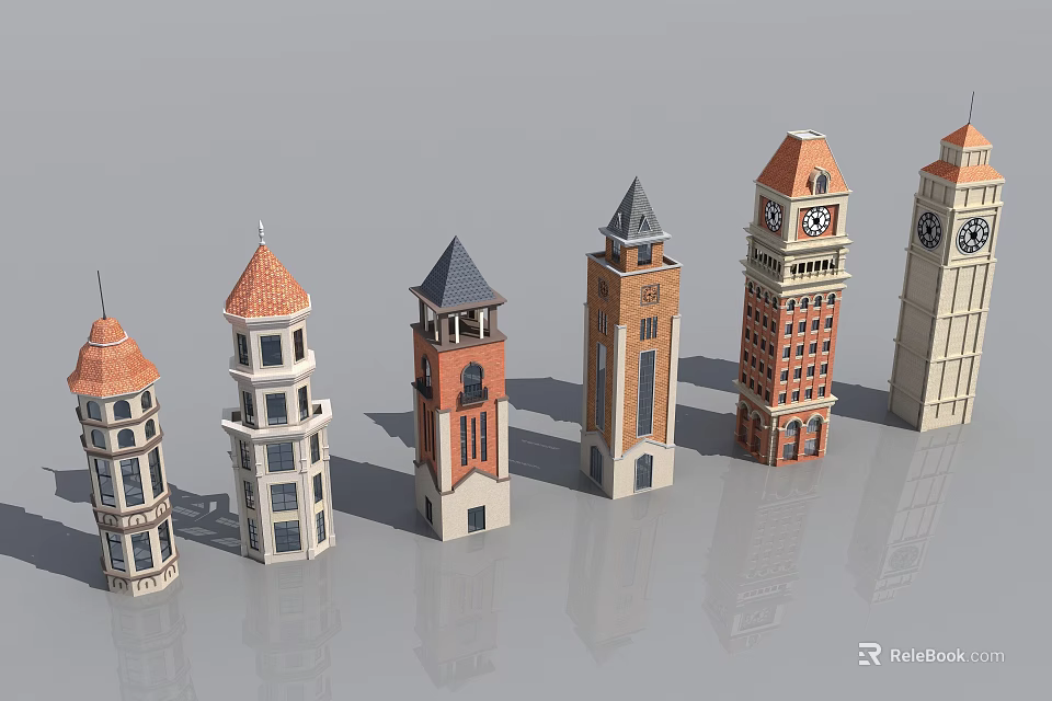 Diverse Architectural Tower Models Featuring Clock Towers Steeples and Brick Details 3d model 