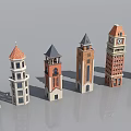 Diverse Architectural Tower Models Featuring Clock Towers Steeples and Brick Details
