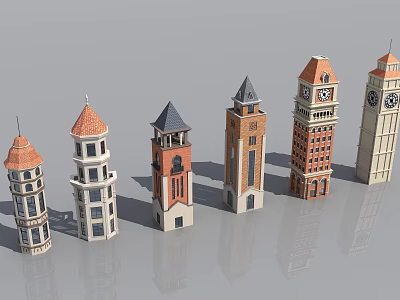 Diverse Architectural Tower Models Featuring Clock Towers Steeples and Brick Details 3d model