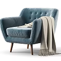Stylish Blue Velvet Single Sofa With Button Tufted Backrest Wooden Legs And Cozy Blanket