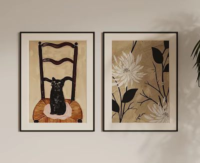 Two Framed Wall Artworks With Black Cat On Chair And Floral Design 3d model