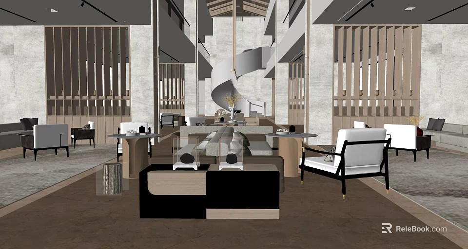 Modern Hotel Public Lounge With Comfortable Seating Decorative Chandelier And Wooden Partitions 3d model 