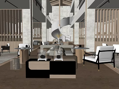 Modern Hotel Public Lounge With Comfortable Seating Decorative Chandelier And Wooden Partitions 3d model