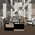 Modern Hotel Public Lounge With Comfortable Seating Decorative Chandelier And Wooden Partitions