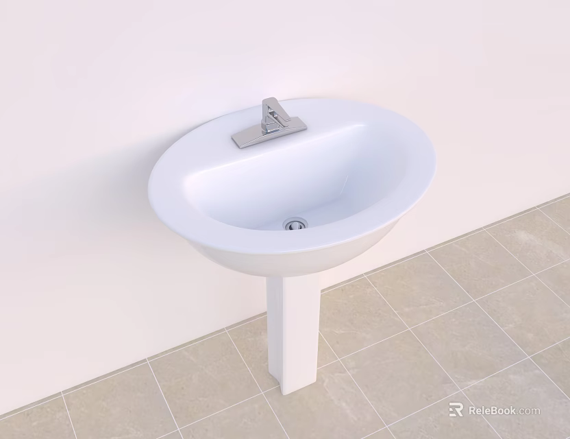 Modern White Ceramic Pedestal Sink With Chrome Faucet And Bathroom Tile Floor 3d model 