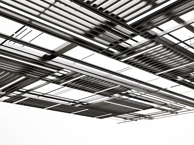 Industrial Building Ceiling Featuring Interconnected Black Steel Pipes And Grid Structure Design 3d model