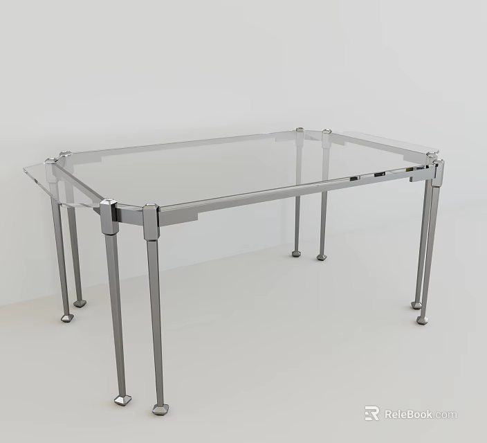 Modern Minimalist Dining Table with Transparent Glass Top and Metal Frame Legs 3d model 