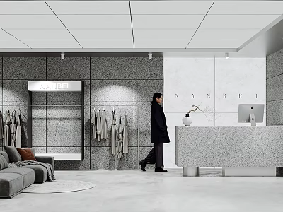 Modern Clothing Store Interior Design With Hanging Clothes Reception Desk And Sofa Area 3d model