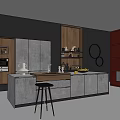 Modern Restaurant Kitchen Interior With Gray Cabinets Wooden Elements Island Counter Black Stool Red Wall