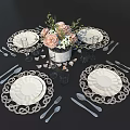 Elegant Tableware Set With White Plates Woven Placemats Pink Floral Arrangement And Cutlery Glassware