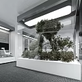 Modern Exhibition Hall with World Map Wall Glass Display Cabinets and Green Plants