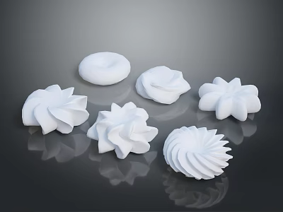 White Whipped Cream Dessert Decorations With Various Flower Spiral And Round Shapes On Black Background 3d model