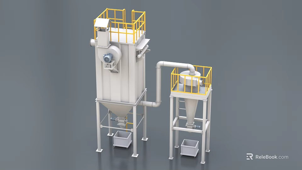 Industrial Dust Collector Machinery With Yellow Railings Connected Pipes And Collection Bins 3d model 