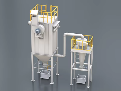 Industrial Dust Collector Machinery With Yellow Railings Connected Pipes And Collection Bins 3d model