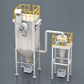 Industrial Dust Collector Machinery With Yellow Railings Connected Pipes And Collection Bins