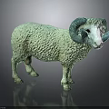 Green Sheep Statue With Blue Curved Horns White Face On Dark Reflective Surface