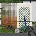 Cream style courtyard view wall background glass enclosing wall landscape porch screen partition 3d model