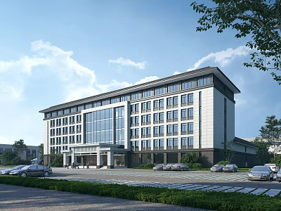 Modern Office Building Exterior With Large Windows Landscaping And Parking Area Under Blue Sky 3d model