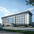 Modern Office Building Exterior With Large Windows Landscaping And Parking Area Under Blue Sky