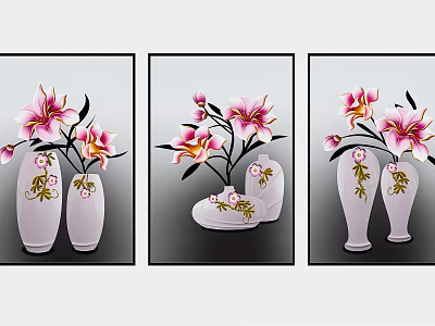 Three Views Of Decorative Vases With Pink Flowers And Artistic Patterns 3d model
