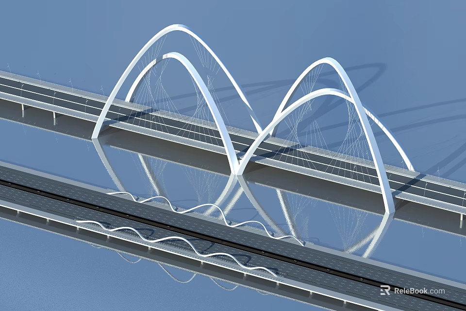 Modern White Arch Bridge Design With Curved Lines And Reflective Surface 3d model 