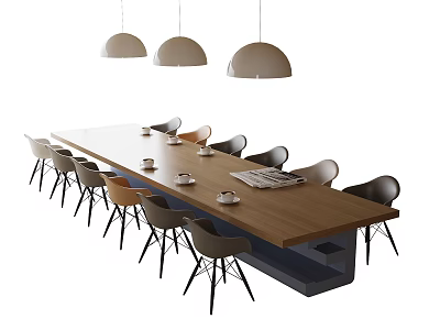Long Wooden Dining Table With Chairs And Three Pendant Lights Above Teacups Newspaper On Top 3d model